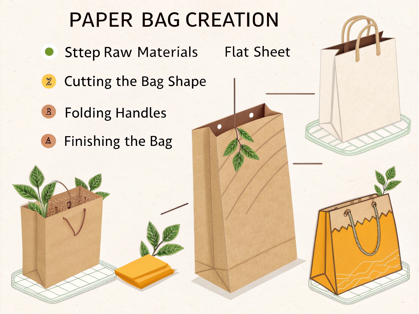 Illustration detailing the 6 steps of paper bag creation