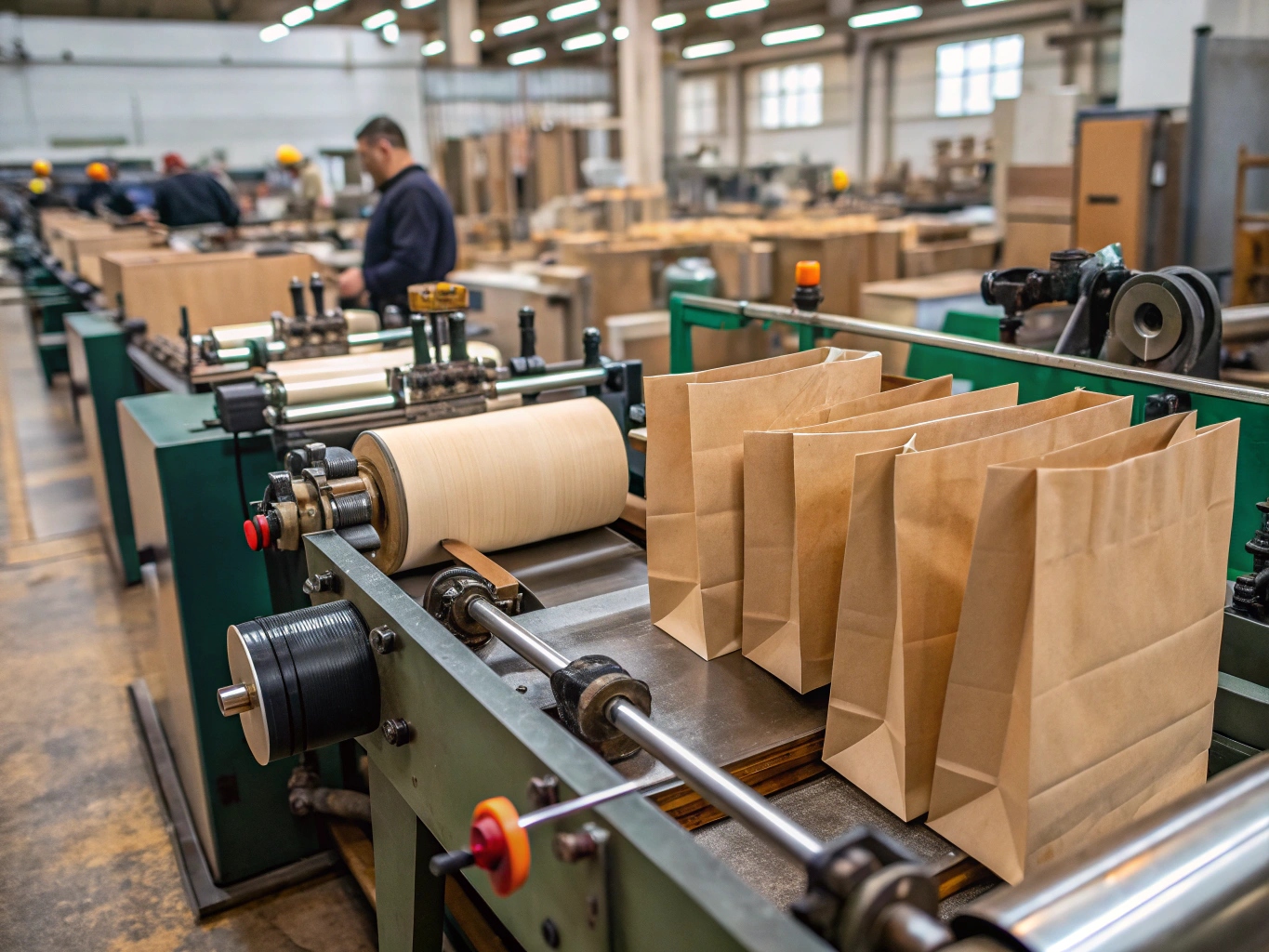 Photo of an industrial paper bag making machine in operation